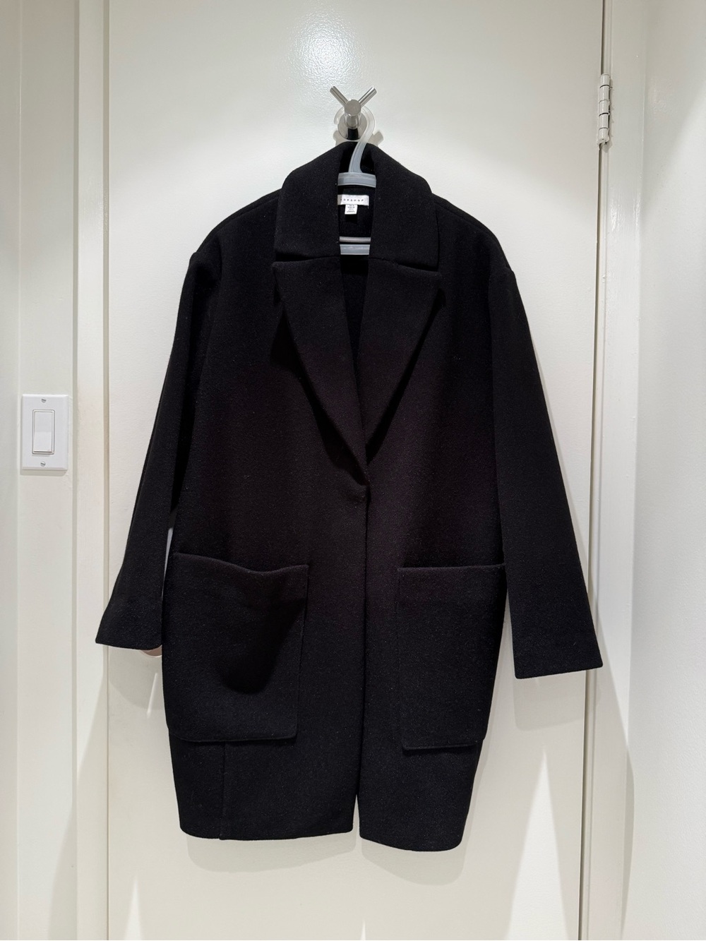 Topshop Black Oversized Pea Coat with Patch Pockets